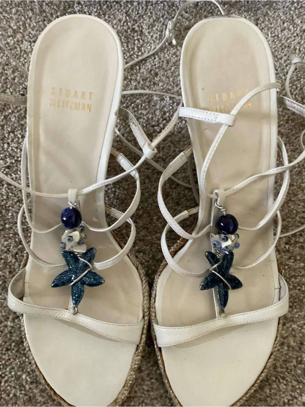 Stuart Weitzman White Strappy Espadrille Wedges with Blue Bead Accents - Picture 9 of 10
